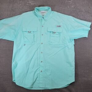 Columbia PFG Fishing Shirt Men's Large Aqua Blue Short Sleeve Vented Button Up